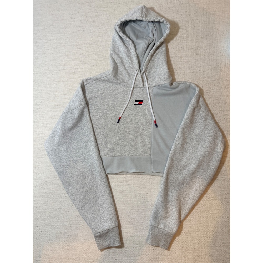 Tommy Hilfiger Sport Hoodie Women XL Grey Good Cropped Colorblock Sweatshirt